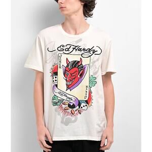 Ed Hardy Joker Tee Mens S Ivory Devil Graphic Short Sleeve Cotton Tattoo Design